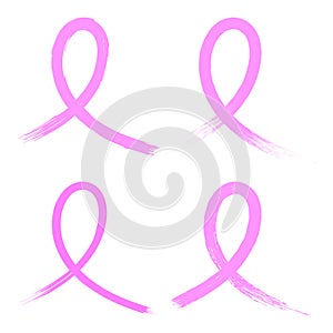 Set of different vector pink ribbons. Breast cancer awareness month symbols. Isolated on white background.