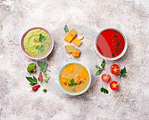 Set of different vegetable cream soups