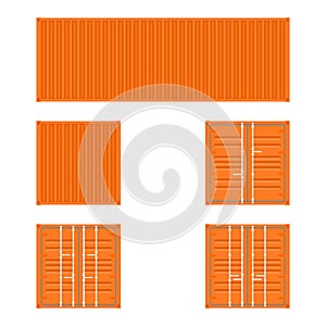 Set of different views of orange cargo transport containers for logistics transportation and shipping on a white background