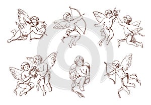 Set of different vintage cupid. Various flying angels with arrows and bow collection. Vector monochrome amur hand drawn photo