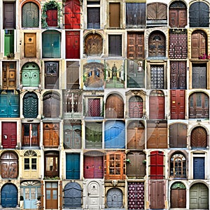 Set of different vintage entrance doors made from wood or metal, collage