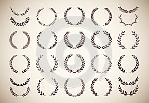 Set of different vintage silhouette laurel foliate, olive, and wheat wreaths depicting an award, achievement, heraldry, nobility, photo