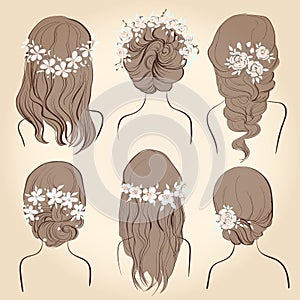 Set of different vintage style hairstyles, wedding hairstyles