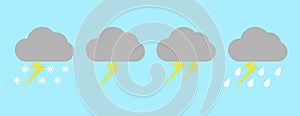 Set with different weather icons. Icons of cloud with lightning on a blue background. Cloudy vector logo