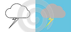 Set with different weather icons. Icons of cloud and lightning on a white and blue background.