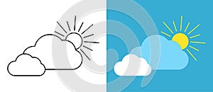 Set with different weather icons. Icons of sun and clouds on a white and blue background. Weather vector logo. Linear and colorful