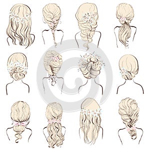 Set of different wedding hairstyles with flowers for blondes