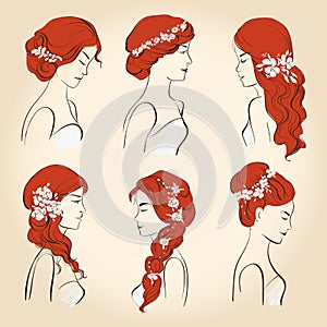 Set of different wedding hairstyles with flowers for red hair