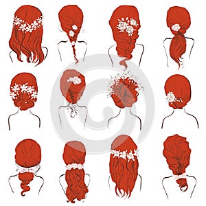 Set of different wedding hairstyles with flowers on red hair