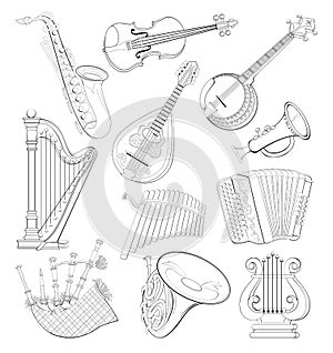 Set of different wind and stringed musical instruments. Black and white page for coloring book. Printable worksheet for children.