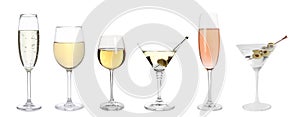Set with different wines and cocktails in glasses on white background