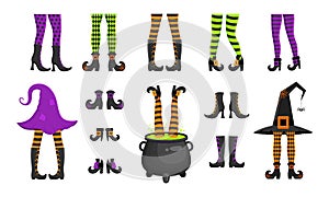 Set of different witch legs in stockings and boots, sticking up from hat and cauldron. Funny design elements for