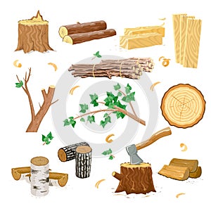 Set of different wood types for firewood industry isolated.