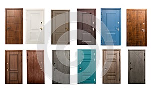 Set of different wooden doors isolated on white background