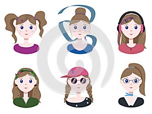 A set of different young girls. Flat illustration with girls with different professions and different fashions. Vector