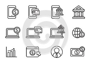 Set of digital banking icon in linear style