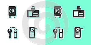 Set Digital door lock, Safe, Hotel key and Identification badge icon. Vector