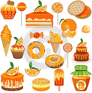 Set of digital elements with orange fruit candies