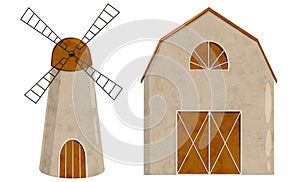 set of digital farm barn house and windmill tower for keeping animals or agricultural equipment. Cartoon rural building