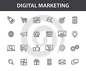 Set of 24 Digital Marketing web icons in line style. Social, networks, feedback, communication, marketing, ecommerce