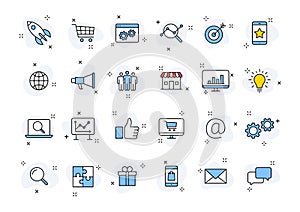 Set of 24 Digital Marketing web icons in line style. Social, networks, feedback, communication, marketing, ecommerce. Vector