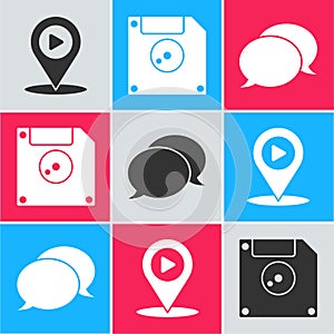 Set Digital media play with location, Floppy disk for computer data storage and Speech bubble chat icon. Vector