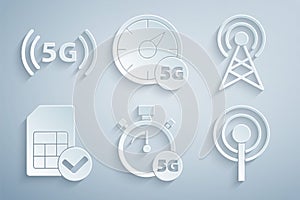 Set Digital speed meter 5G, Antenna, Sim card, and network icon. Vector