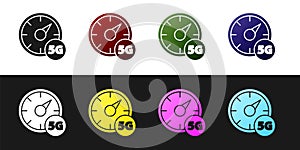 Set Digital speed meter concept with 5G icon isolated on black and white background. Global network high speed