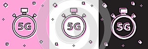 Set Digital speed meter concept with 5G icon isolated on pink and white, black background. Global network high speed