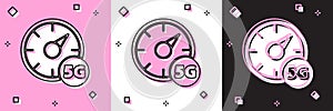 Set Digital speed meter concept with 5G icon isolated on pink and white, black background. Global network high speed