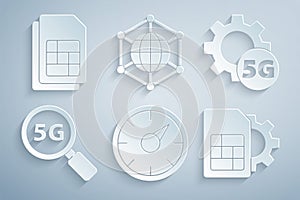 Set Digital speed meter 5G, Setting network, Search, Sim card setting, Social and icon. Vector