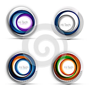 Set of digital techno spheres - web banners, buttons or icons with text. Glossy swirl color abstract circle design, hi