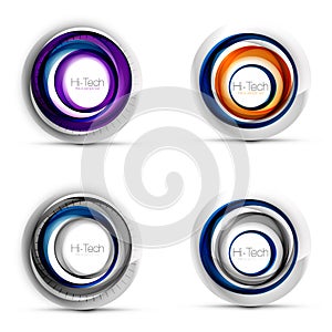 Set of digital techno spheres - web banners, buttons or icons with text. Glossy swirl color abstract circle design, hi