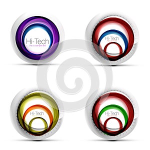 Set of digital techno spheres - web banners, buttons or icons with text. Glossy swirl color abstract circle design, hi