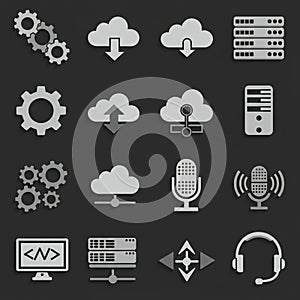 Set of digital technology and computing icons on a dark background. Designs include
