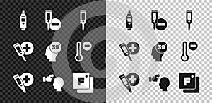 Set Digital thermometer, Checking body temperature, Fahrenheit, and High human icon. Vector