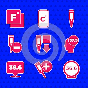 Set Digital thermometer, Medical, High human body temperature, and Fahrenheit icon. Vector
