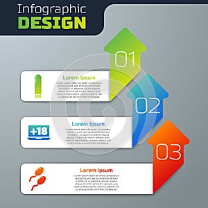 Set Dildo vibrator, Laptop with 18 plus content and Sperm. Business infographic template. Vector