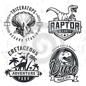 Set of Dino Logos. Raptor t-shirt illustration concept on grunge background. T-rex beer label design. Vintage Jurassic