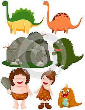 Set of dinosaurs and caveman