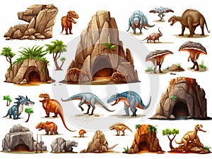 Set of dinosaurs and caveman