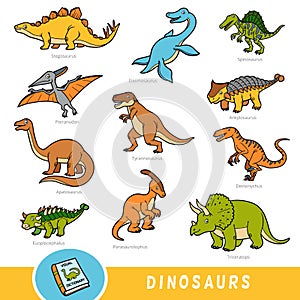 Set of dinosaurs, collection of vector animals with names in English. Cartoon visual dictionary for children