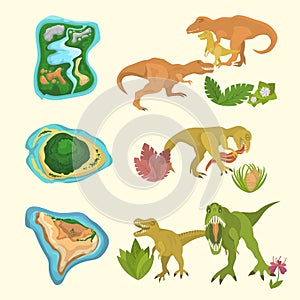 Set of dinosaurs including T-rex, Brontosaurus, Triceratops, Velociraptor, Allosaurus, prehistorical islands and floras