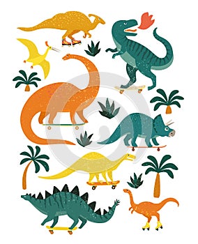 Set of dinosaurs including T-rex, Brontosaurus, Triceratops, Velociraptor, Pteranodon, Allosaurus, etc. photo