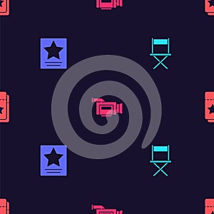 Set Director movie chair, Hollywood walk of fame star, Cinema camera and ticket on seamless pattern. Vector