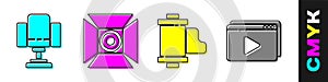 Set Director movie chair, Movie spotlight, Camera vintage film roll cartridge and Online play video icon. Vector