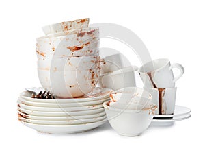 Set of dirty dishes isolated