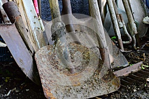 A set of dirty old garden tools in the ground after seasonal work, shovels, choppers and rakes.