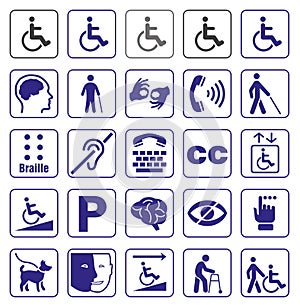 Set of disability icons or graphic elements with information about disability, accessibility icons for people with disabilities or