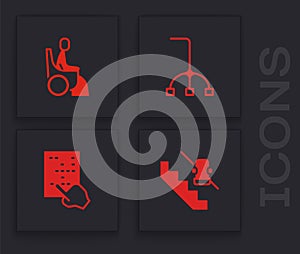 Set Disabled elevator, Woman in wheelchair, Walking stick cane and Braille icon. Vector